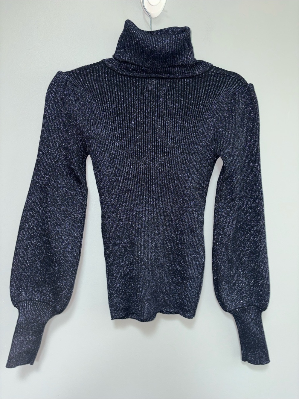 Carmen Marc Valvo Black & Dark Blue Metallic Shimmer Ribbed Turtleneck Size XS - Picture 3 of 8